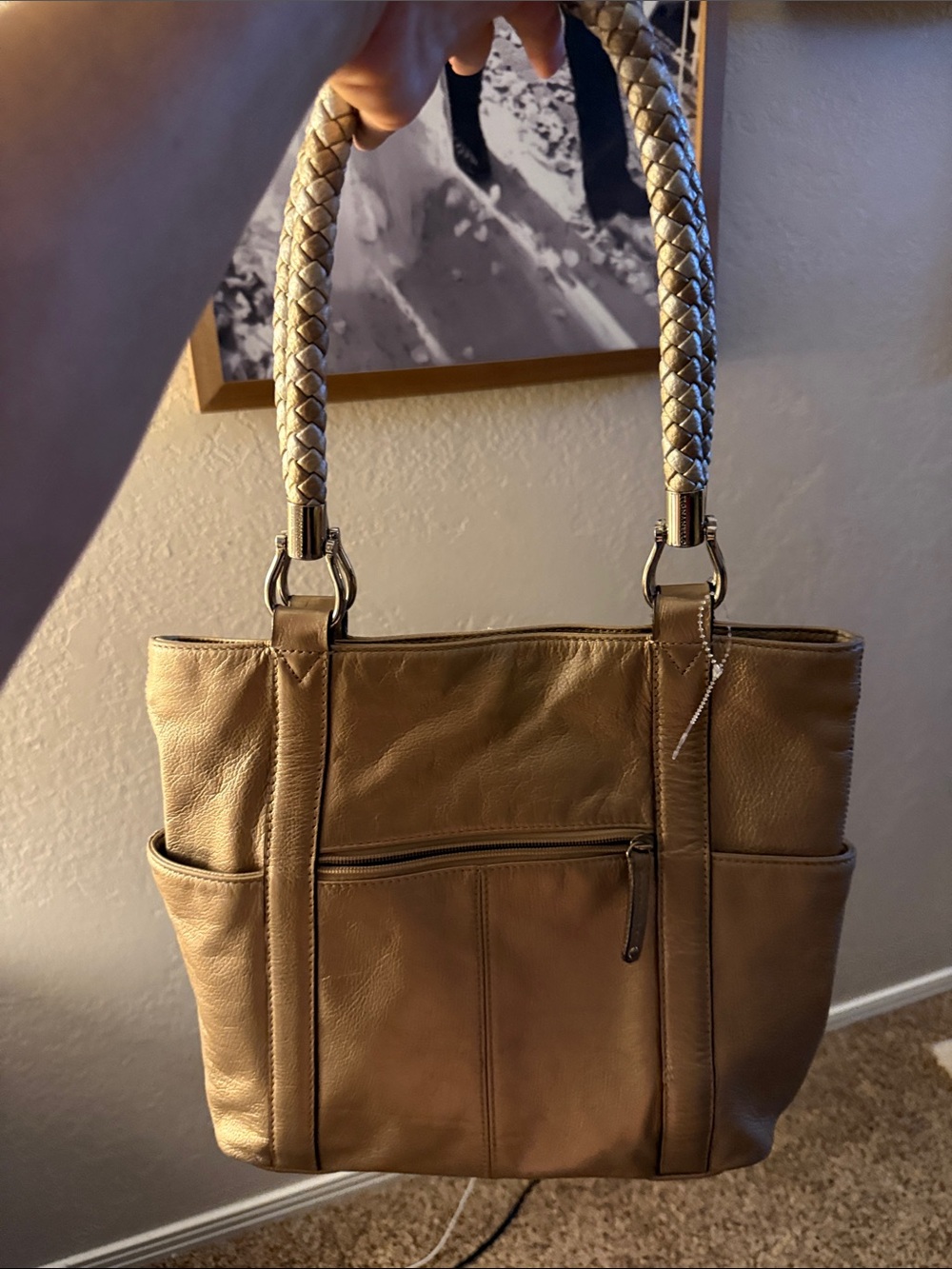Tignanello Metallic Taupe Braided-Handle Leather Tote - Picture 5 of 5